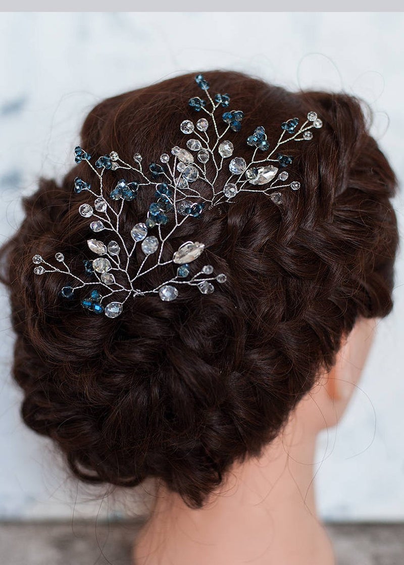 FXmimior Hair Pins Bridal Women Light Blue Crystal Vintage Wedding Party Headpiece Hair Clip Crystal Hair Accessories(pack of 2) - Image 1